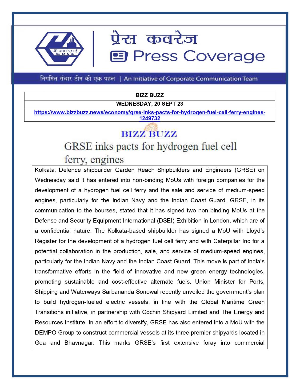 Press Coverage : Bizz Buzz, 20 Sep 23 : GRSE inks pact for Hydrogen Fuel Cell Ferry, Engines